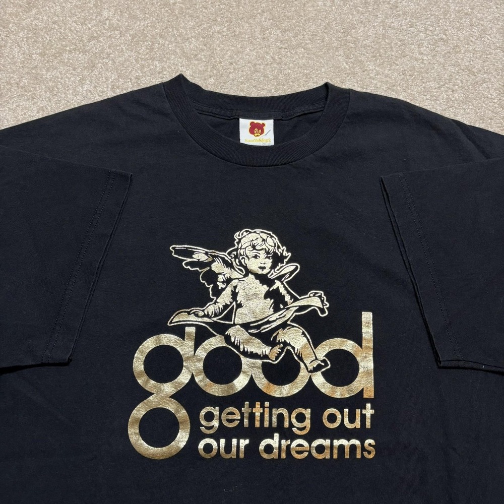 Vtg Kanye West Shirt Mens XL Black Cherub GOOD Music Getting Out Our Dreams 2004